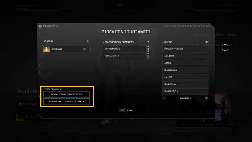 Outriders Codice crossplay evidenziato