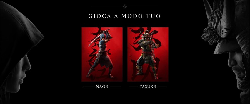 Assassin's Creed Shadows Naoe e Yasuke posa sffondo rosso